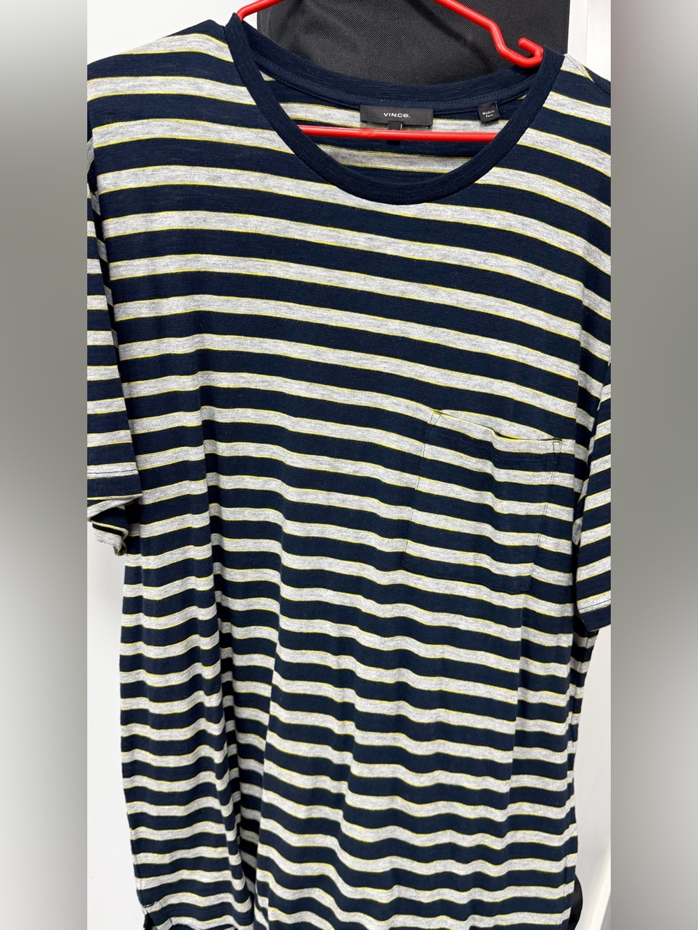 Vince Navy and Light Gray Striped Short Sleeve Pocket Tee